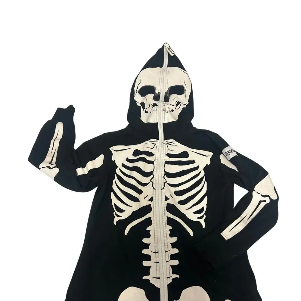 Tipsey Elves skeleton Costume jumpsuit ful zip matching hood with skull face